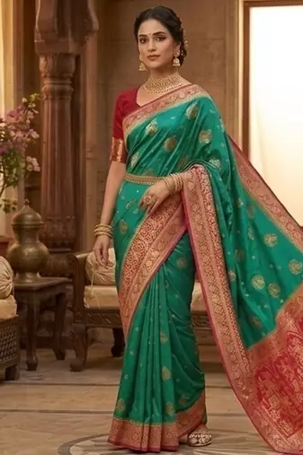 Red rama banarasi silk saree with blouse piece.