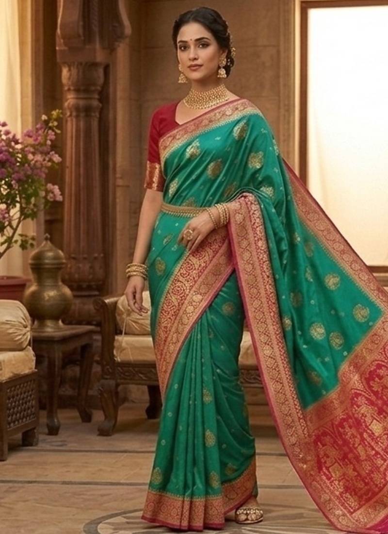 Red rama banarasi silk saree with blouse piece.