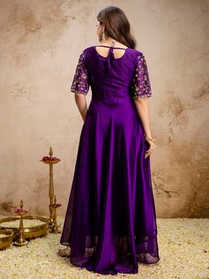 Purple chinon heavy thread embroidery work kurta with dupatta 3
