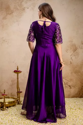 Purple chinon heavy thread embroidery work kurta with dupatta