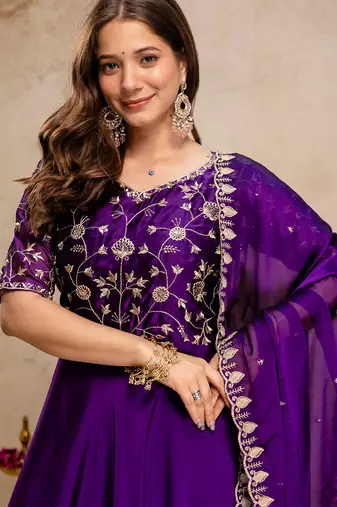 Purple chinon heavy thread embroidery work kurta with dupatta