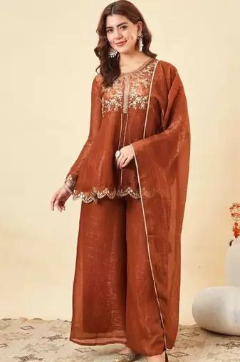 Orange crunchy silk heavy thread embroidery work kurta palazzo set