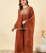 Orange crunchy silk heavy thread embroidery work kurta palazzo set