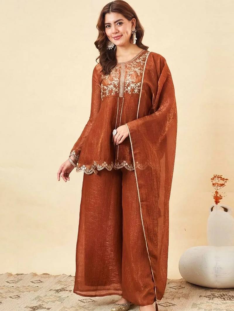 Orange crunchy silk heavy thread embroidery work kurta palazzo set