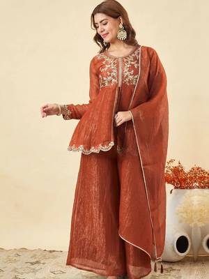Orange crunchy silk heavy thread embroidery work kurta palazzo set 2