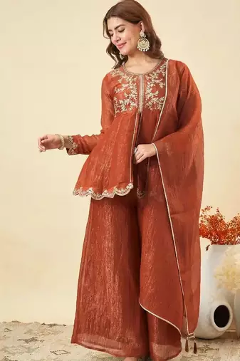 Orange crunchy silk heavy thread embroidery work kurta palazzo set