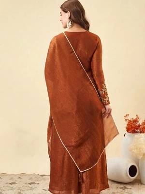 Orange crunchy silk heavy thread embroidery work kurta palazzo set 3