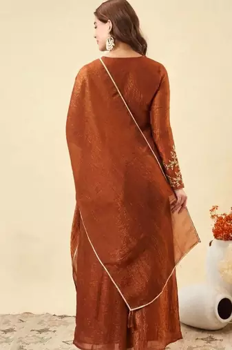 Orange crunchy silk heavy thread embroidery work kurta palazzo set
