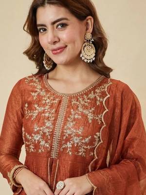 Orange crunchy silk heavy thread embroidery work kurta palazzo set 4