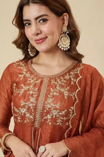 Orange crunchy silk heavy thread embroidery work kurta palazzo set