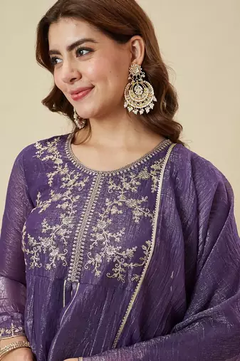 Purple crunchy silk heavy thread embroidery work kurta palazzo set