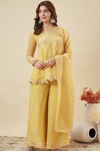 Yellow crunchy silk heavy thread embroidery work kurta palazzo set