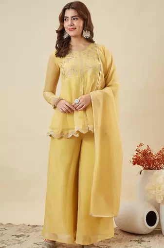 Yellow crunchy silk heavy thread embroidery work kurta palazzo set