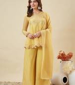 Yellow crunchy silk heavy thread embroidery work kurta palazzo set