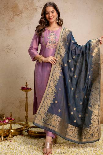 Pink vatican heavy thread embroidery work kurta pant set