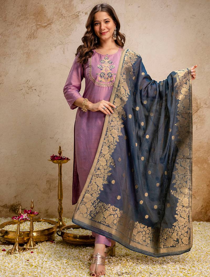Pink vatican heavy thread embroidery work kurta pant set