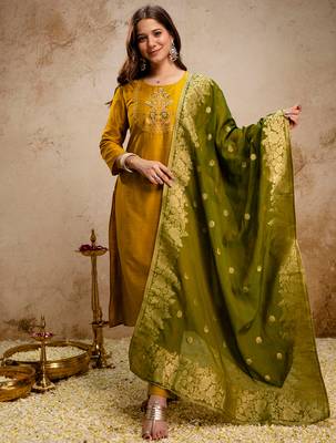 Mustard vatican heavy thread embroidery work kurta pant set 1