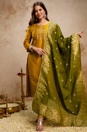 Mustard vatican heavy thread embroidery work kurta pant set