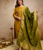 Mustard vatican heavy thread embroidery work kurta pant set