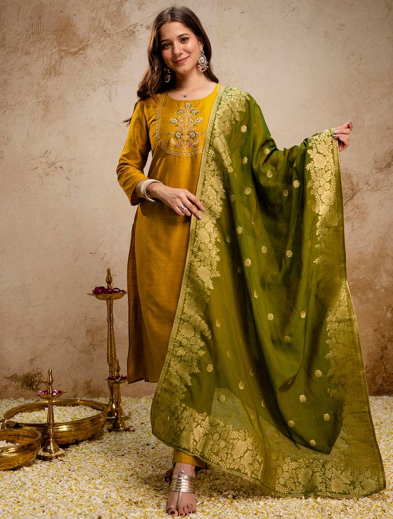 Mustard vatican heavy thread embroidery work kurta pant set