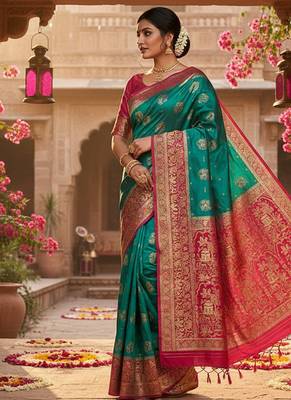 rama banarasi silk wedding saree with red blouse piece 2