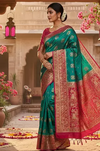 rama banarasi silk wedding saree with red blouse piece