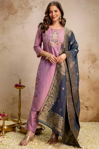 Pink vatican heavy thread embroidery work kurta pant set