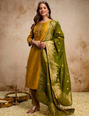 Mustard vatican heavy thread embroidery work kurta pant set 2