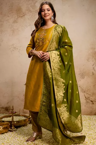 Mustard vatican heavy thread embroidery work kurta pant set