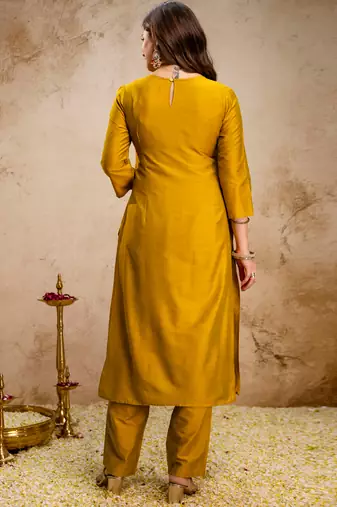Mustard vatican heavy thread embroidery work kurta pant set