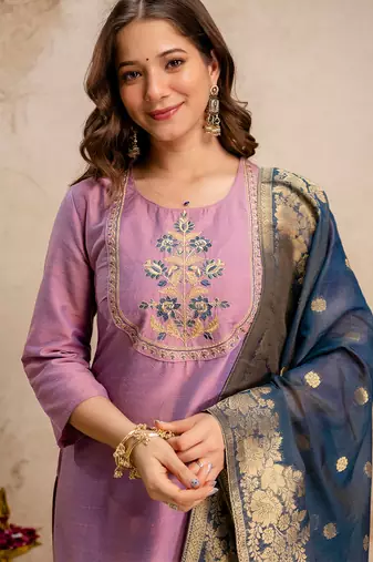Pink vatican heavy thread embroidery work kurta pant set