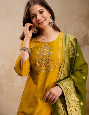 Mustard vatican heavy thread embroidery work kurta pant set 4