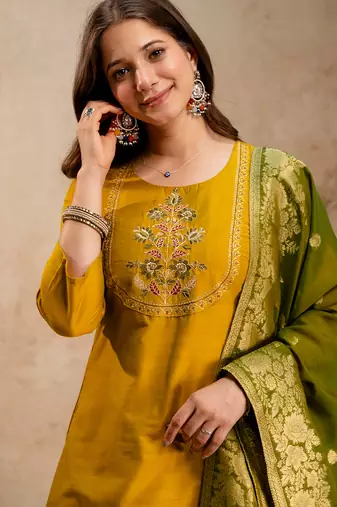 Mustard vatican heavy thread embroidery work kurta pant set