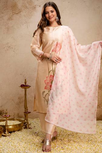 Cream soft assam printed kurta pant set