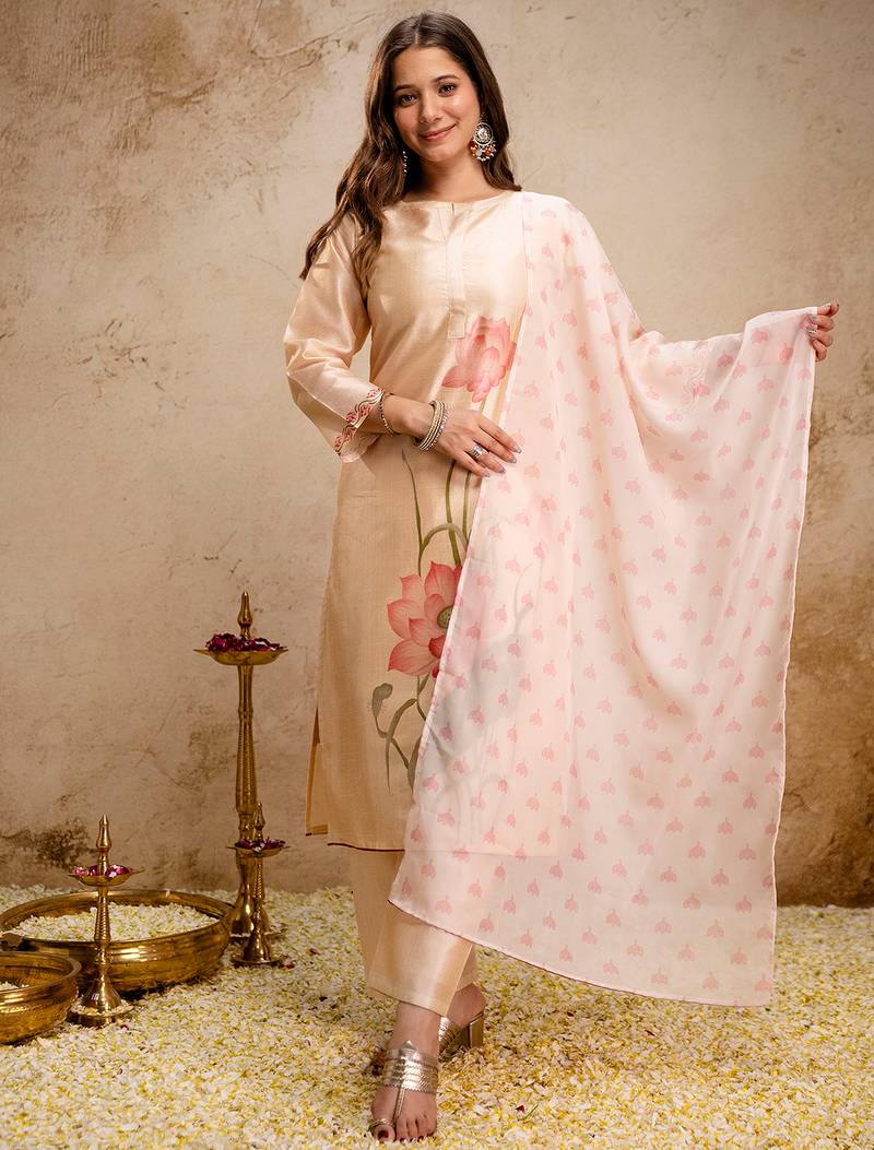 Cream soft assam printed kurta pant set