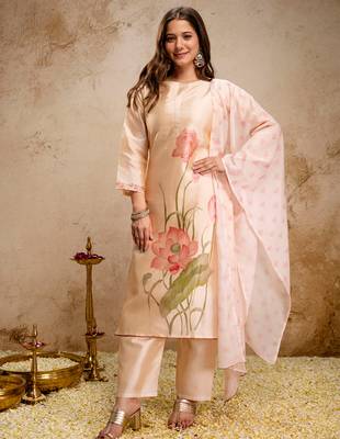 Cream soft assam printed kurta pant set 2