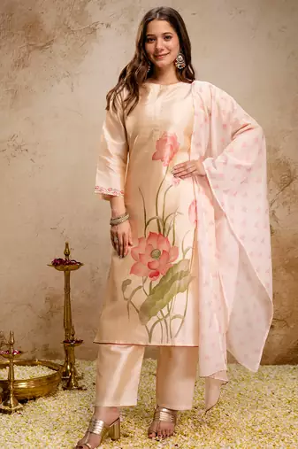 Cream soft assam printed kurta pant set
