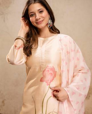 Cream soft assam printed kurta pant set 4