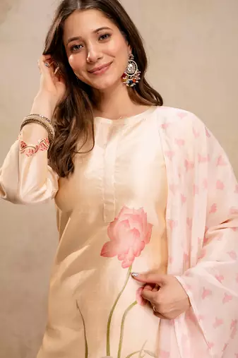 Cream soft assam printed kurta pant set