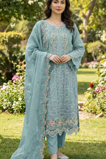 Blue chiffon semi stitched suit with embroidery & crystal khatli work