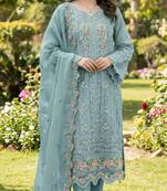 Blue chiffon semi stitched suit with embroidery & crystal khatli work