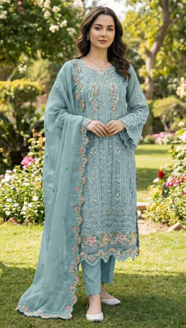 Blue chiffon semi stitched suit with embroidery & crystal khatli work