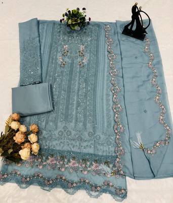 powder blue embroidered chiffon straight cut salwar suit 2