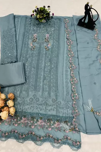 powder blue embroidered chiffon straight cut salwar suit