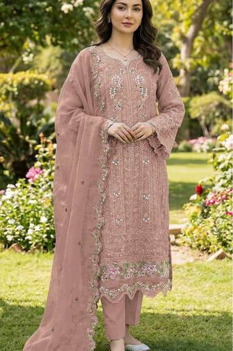Peach chiffon semi stitched suit with embroidery & crystal khatli work