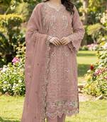 Peach chiffon semi stitched suit with embroidery & crystal khatli work