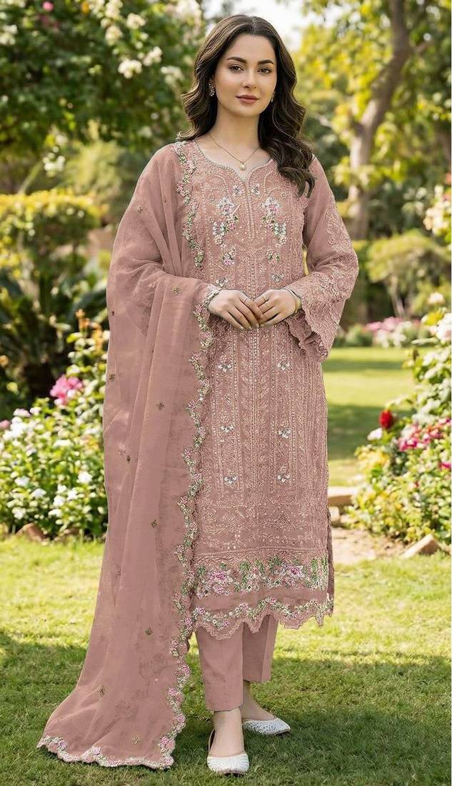 Peach chiffon semi stitched suit with embroidery & crystal khatli work