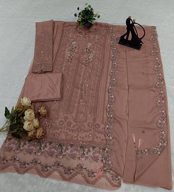 peach embroidered chiffon straight cut salwar suit 2