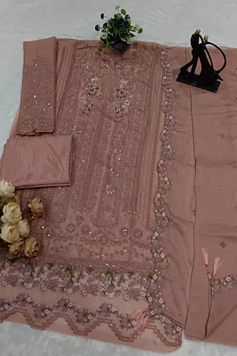 peach embroidered chiffon straight cut salwar suit