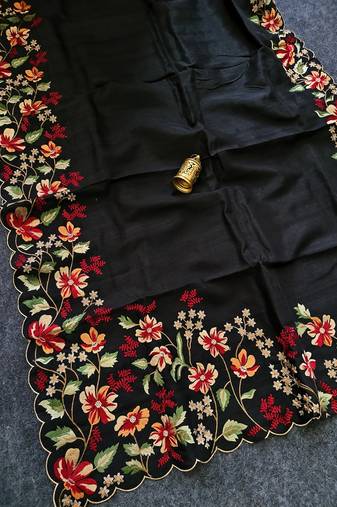 Black Color  floral embroidery Work Silk Saree